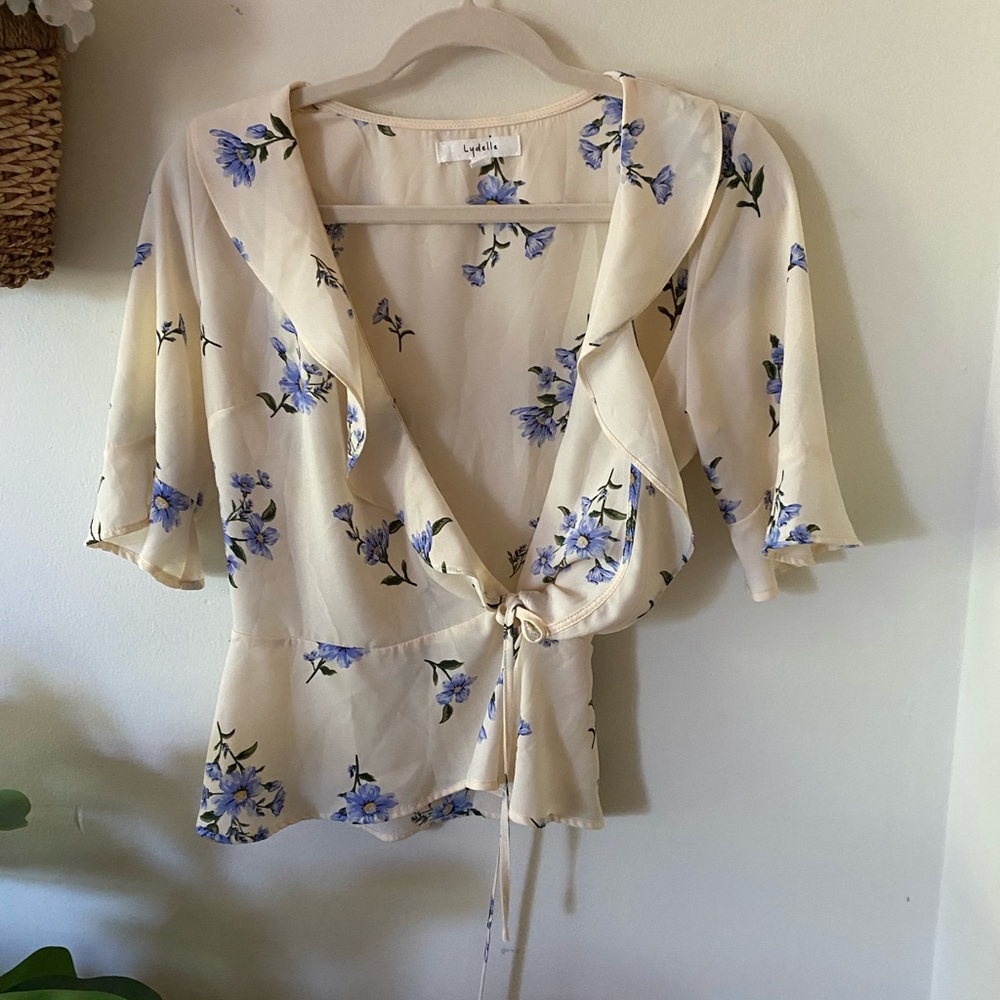 Lydelle Cream Blouse with Blue Floral Accents